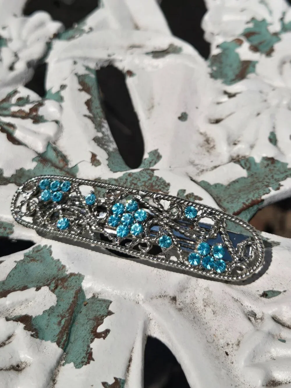 Something Blue Rhinestone Hair Clip - Vintage Silver & Blue Floral Bridal Barret